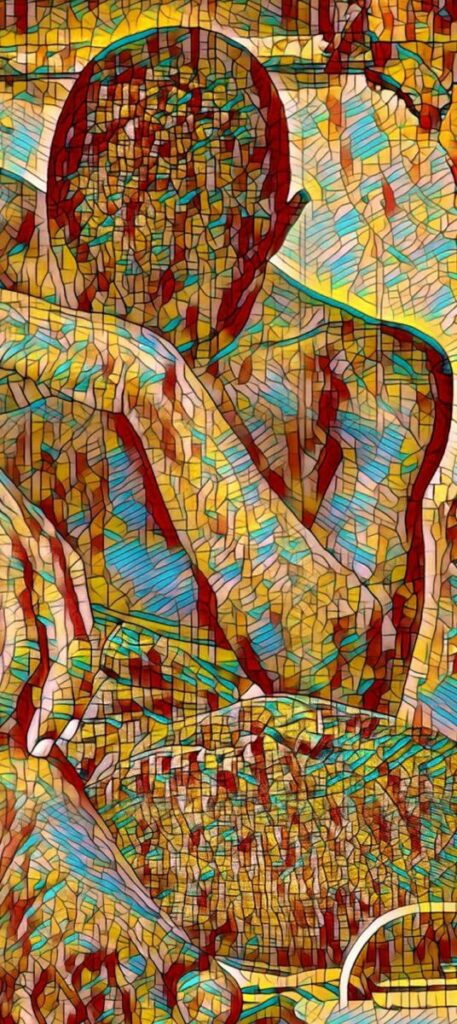 Digitally altered self portrait of artist with arm on knee and head on hand