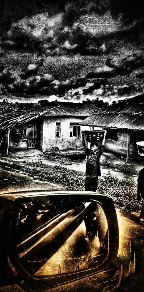 Digitally altered photo of young boy standing on side of road in front of huts