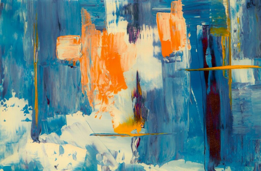 Abstract painting with blues, whites, oranges, and blacks