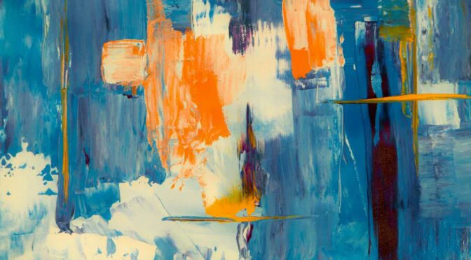 Abstract painting with blues, whites, oranges, and blacks