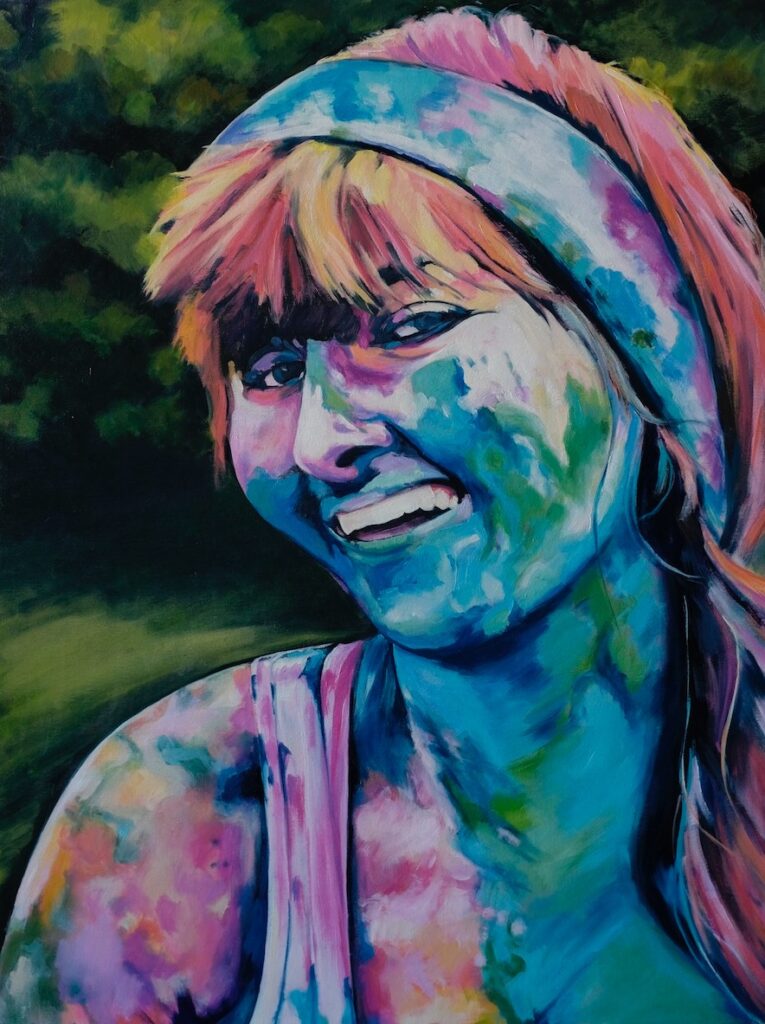 Painting of young woman, skin and hair painted all different colors
