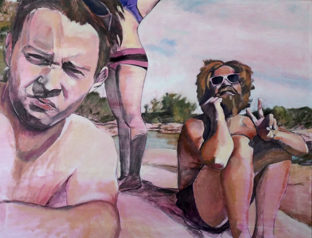 Painting of group of young people sitting by river