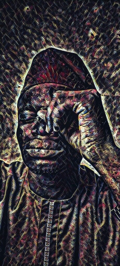 Digitally altered self portrait of artist looking through his hand, curled into a circle