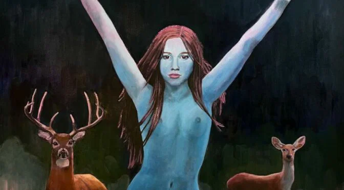 Naked blue woman, arms outstretched below pink orbs and in front of two deer