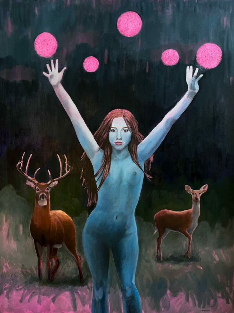 Naked blue woman, arms outstretched below pink orbs and in front of two deer