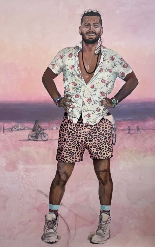 Painting of young man with leopard print shorts