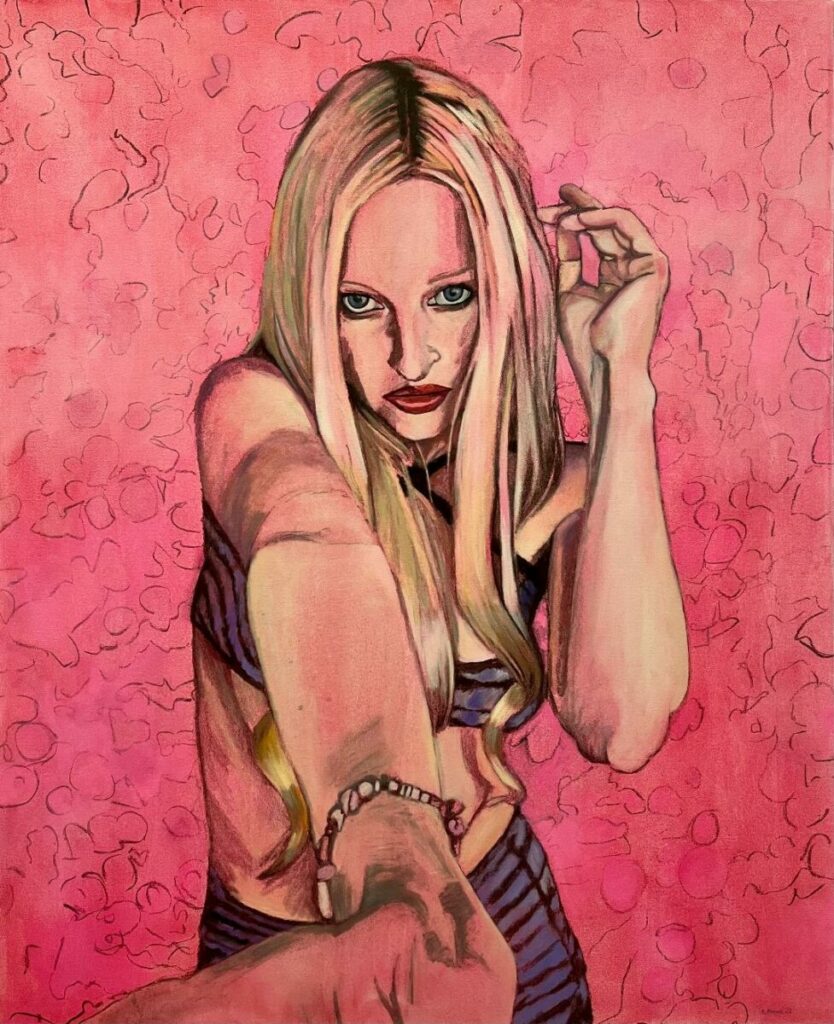 Painting of young woman talking selfie with a selfie stick