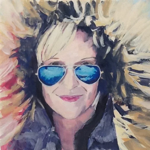 Painting of woman in sunglasses and furry hood