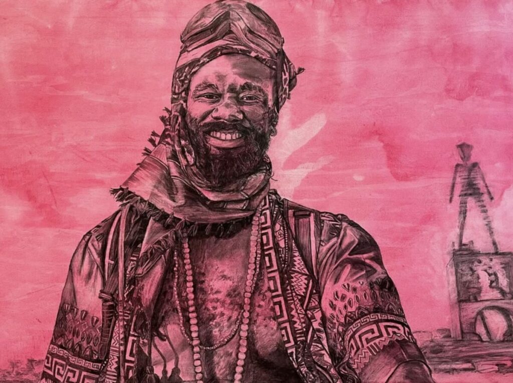 Painting, in pink, of man dressed for burning man in outlandish outfit