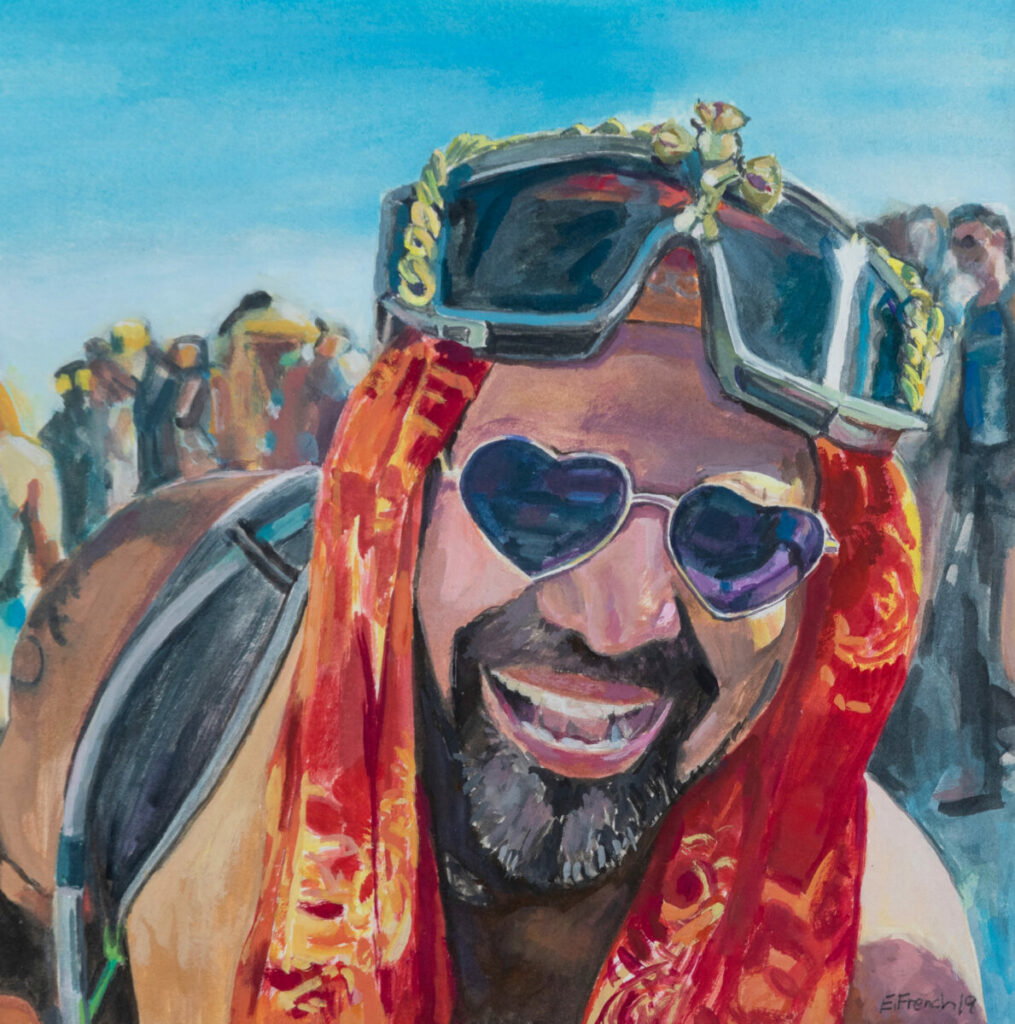 Painting of man at burning man with large goggles on his head and heart shaped sunglasses on his face