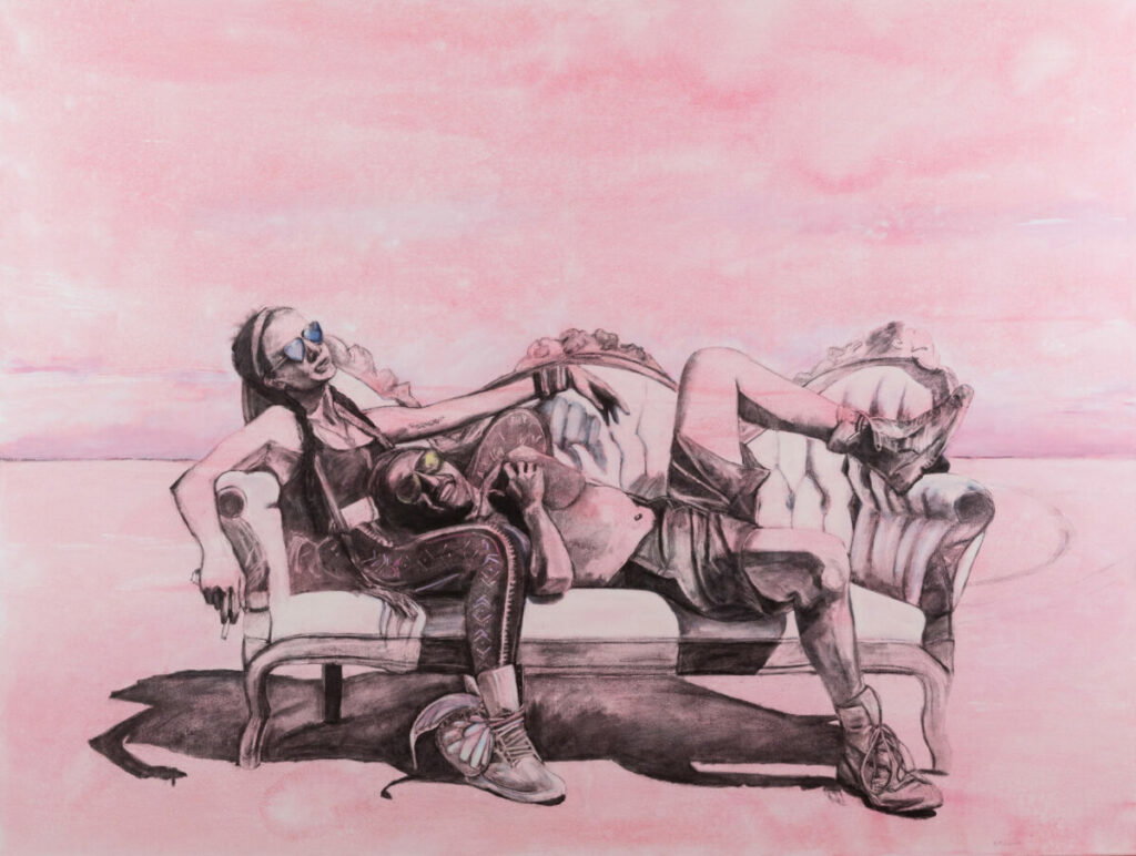 Painting in pinks and blacks, of young woman lounging on couch with man on couch, his head in her lap