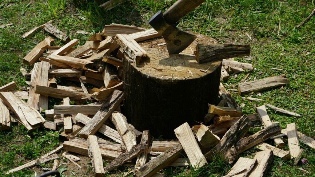Photo of axe in stump amid pile of cut wood