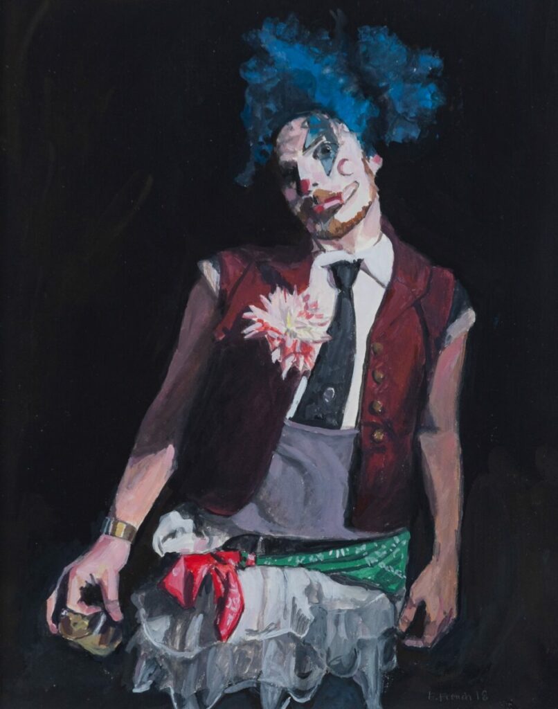Painting of young man dressed as clown with blue hair