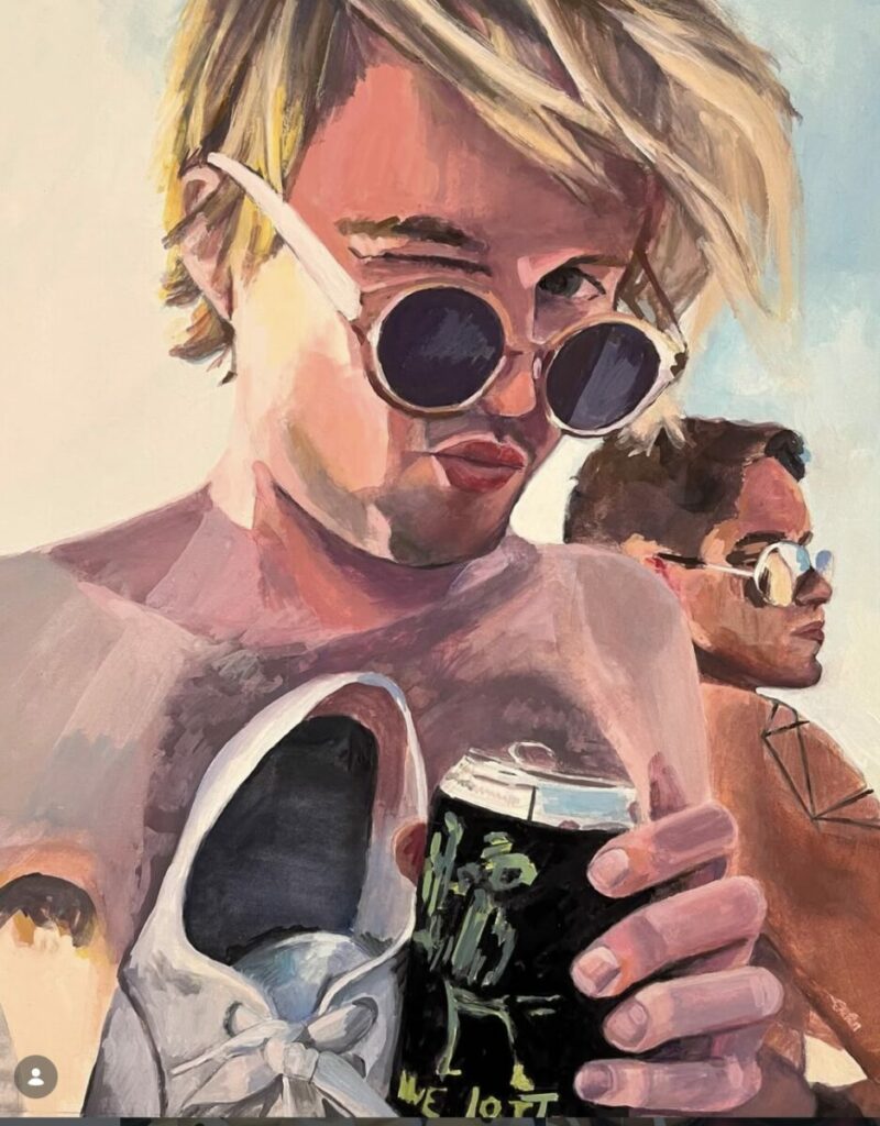 Painting of man holding his shoe and a drink, winking at viewer