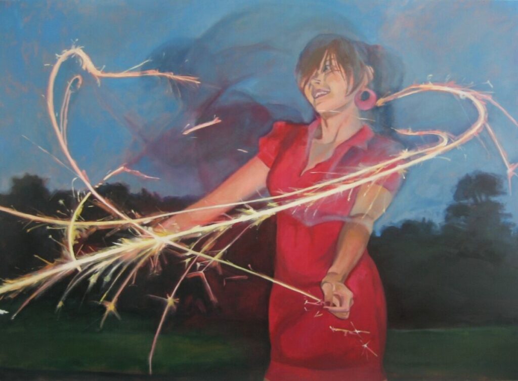 Painting of young girl with sprinklers, light trailing around her