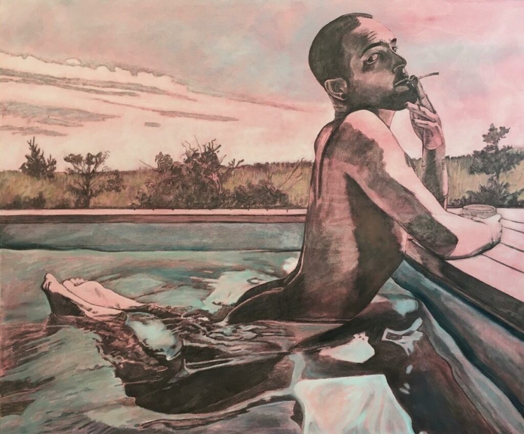 Painting of young man leaning on steps in pool, smoking cigarette