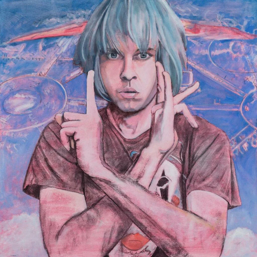Painting of young man with blue hair holding up his hand to read 1 K