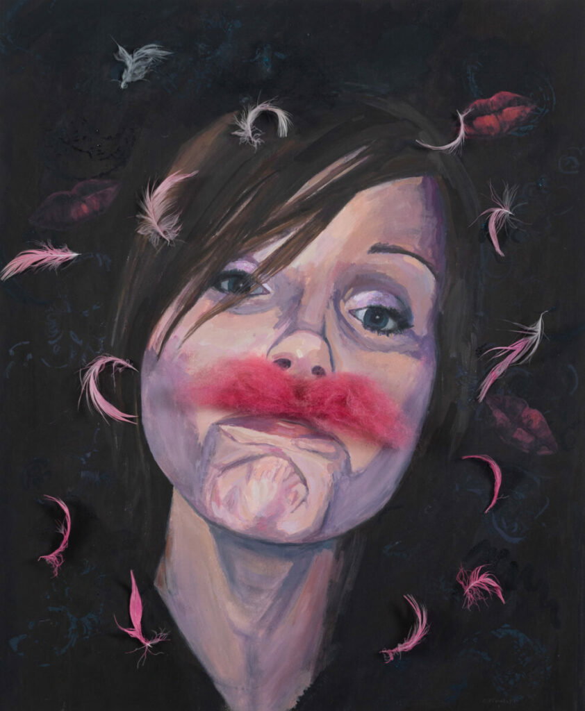 Painting of young woman, with red paint above upper lip