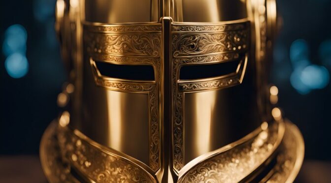 Photo of gold helmet from a suit of armor