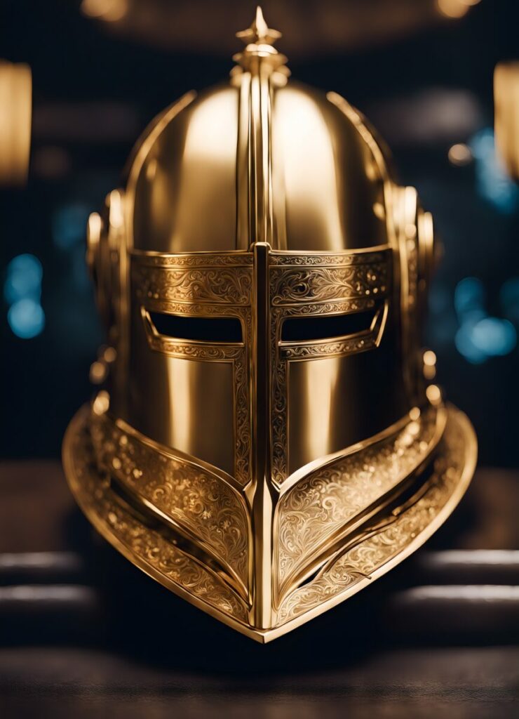 Photo of gold helmet from a suit of armor