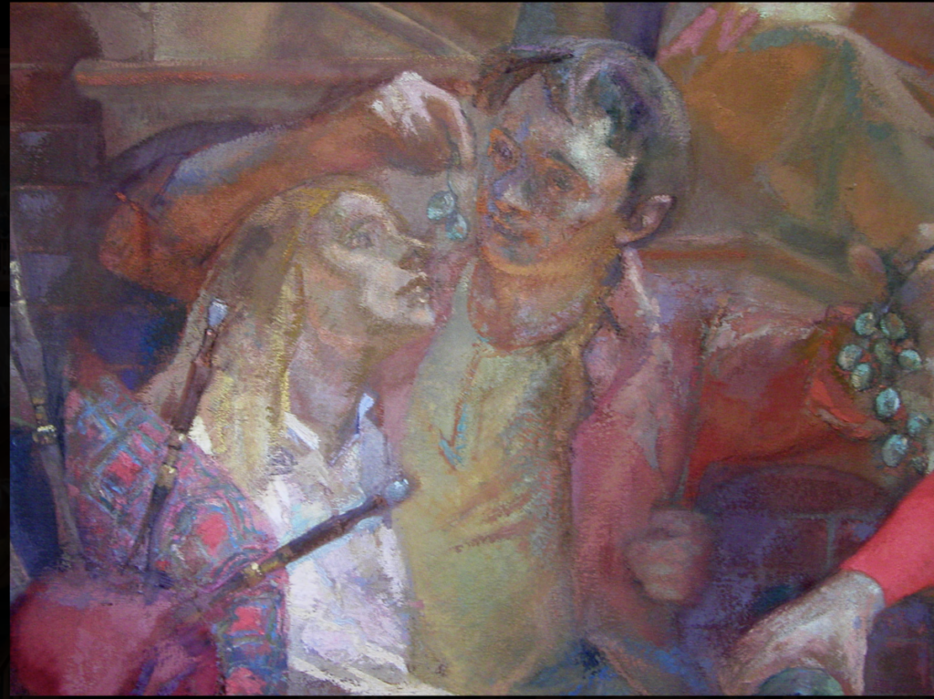 Painting of a young man and woman, the man holding grapes in front of woman
