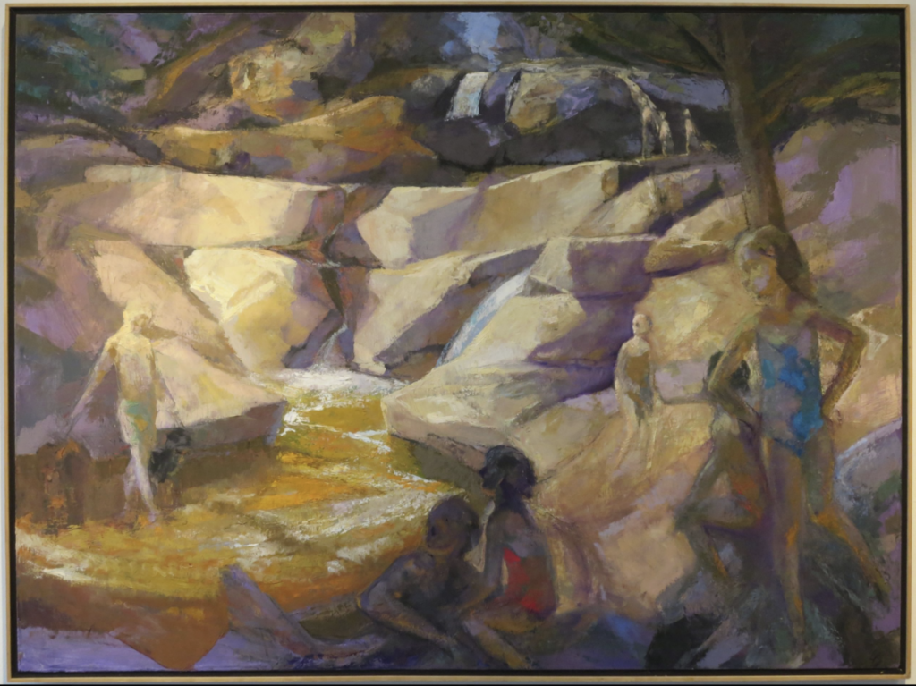 Painting of group of children at the edge of a small pool of water amid rocks