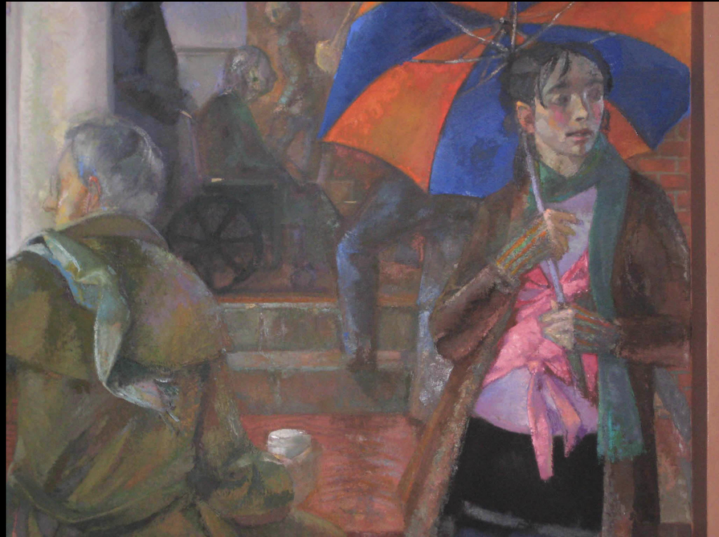 Painting of college student holding a blue and orange umbrella
