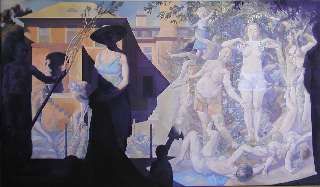Painting of people at a garden party with naked people dancing in background