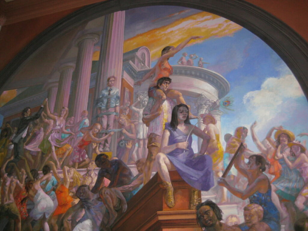 Painting of multiple people, in front of a building