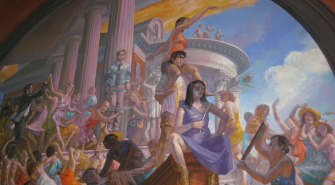 Painting of multiple people, in front of a building