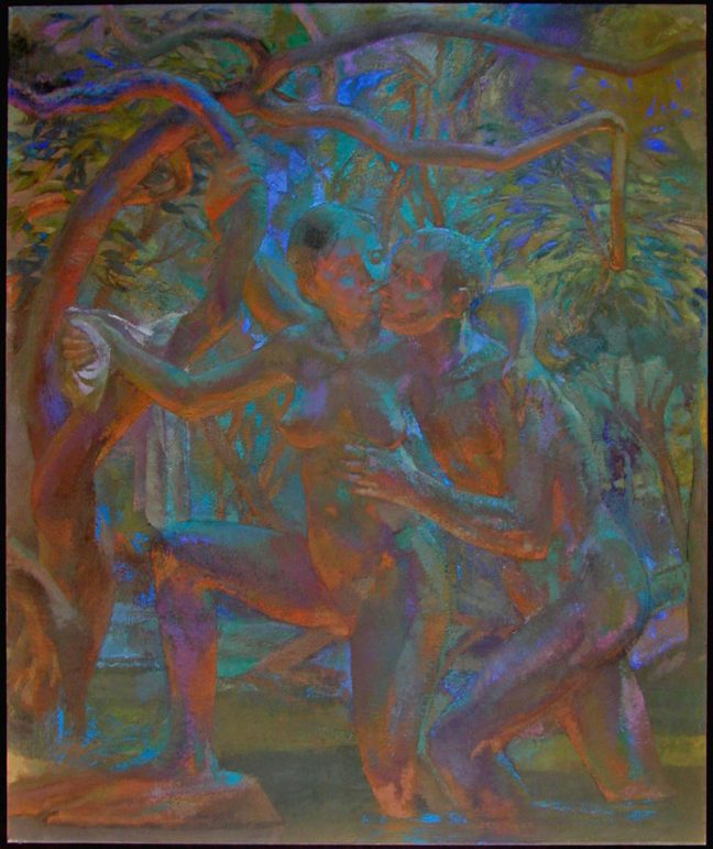 Painting of two people embracing, next to a tree