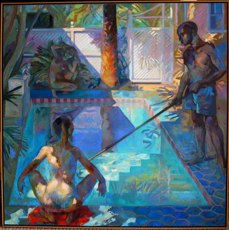 Photo of a man at edge of the side of a pool, with a nude woman at each end