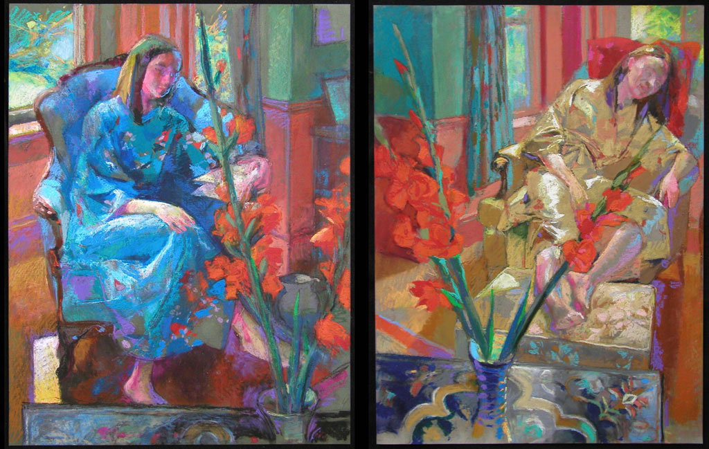 2 Paintings, one of a woman wearing blue, one of a woman wearing gold