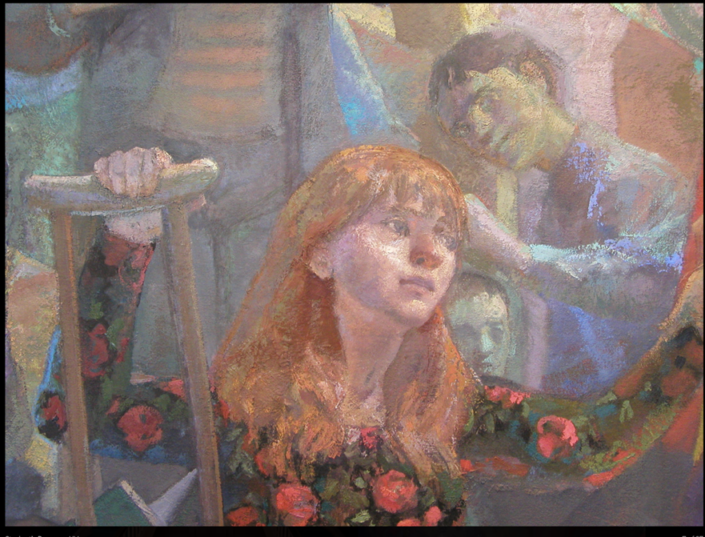Painting of redheaded young woman holding onto a crutch