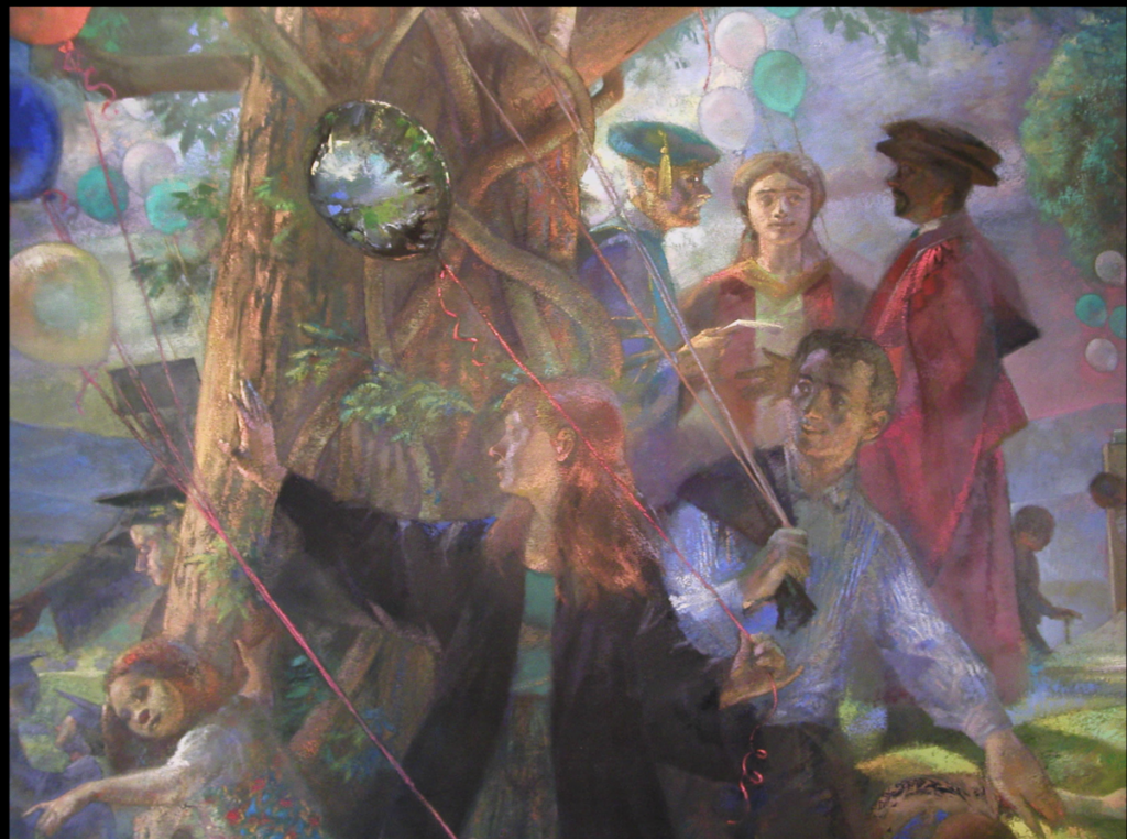 Painting of group of college aged kids with balloons, celelbrating
