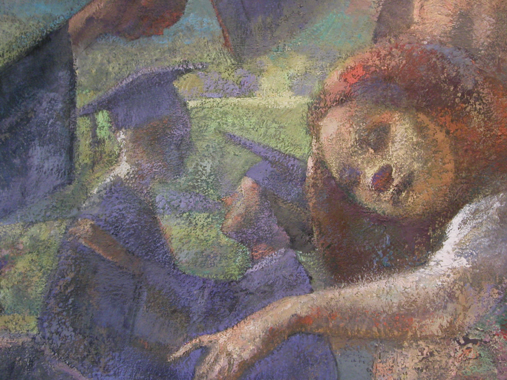 Painting of young child in foreground, kneeling adult and another child in background
