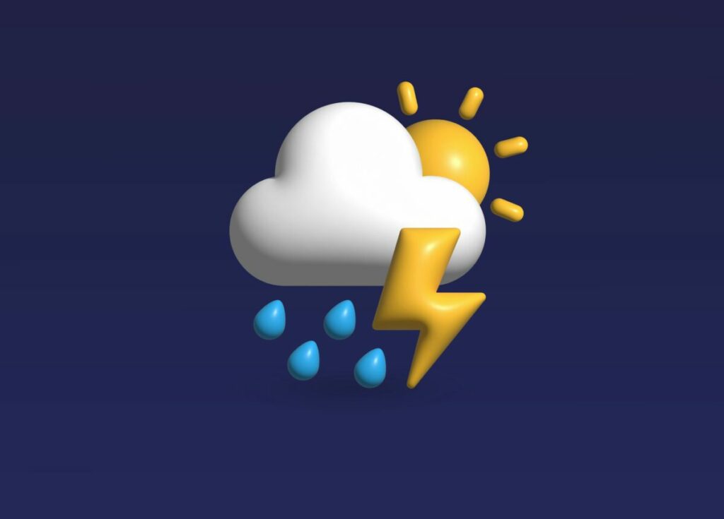 Graphic of cloud with sun behind it, lightning in front of it, rain falling from it