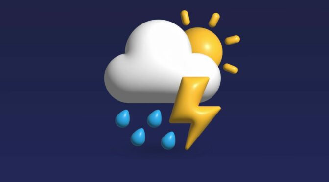 Graphic of cloud with sun behind it, lightning in front of it, rain falling from it