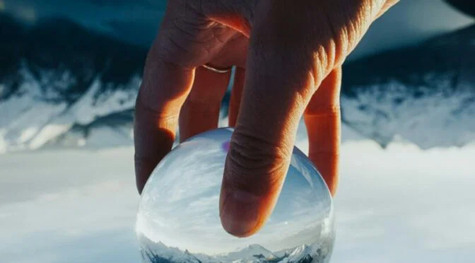 Photo of a hand holding a glass orb with mountains in background