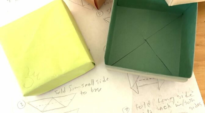 Photo of paper made boxes on paper with diagrams on it